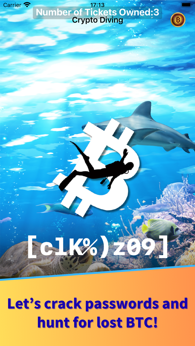 A Crypto Diving session in progress, with password candidates shown over an underwater scene
