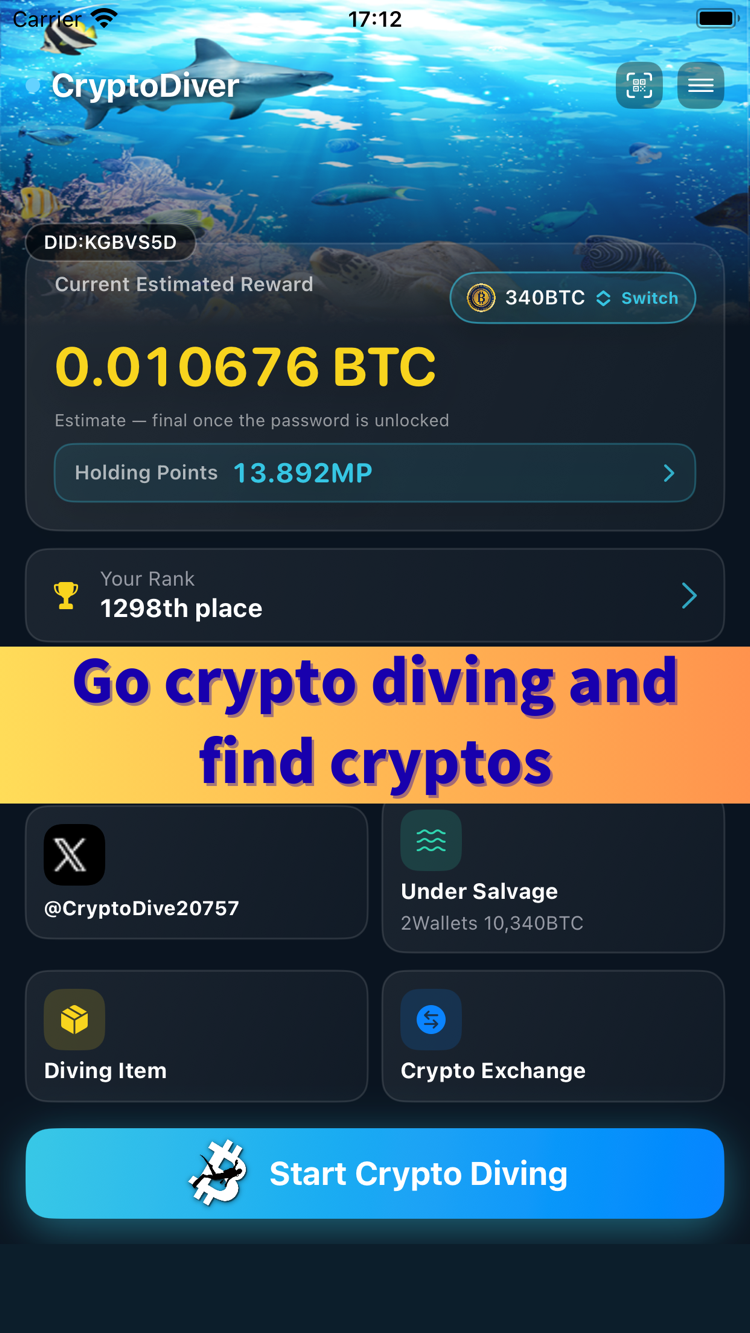 The CryptoDiver home screen, showing Current Estimated Reward, Holding Points, Your Rank and the feature grid